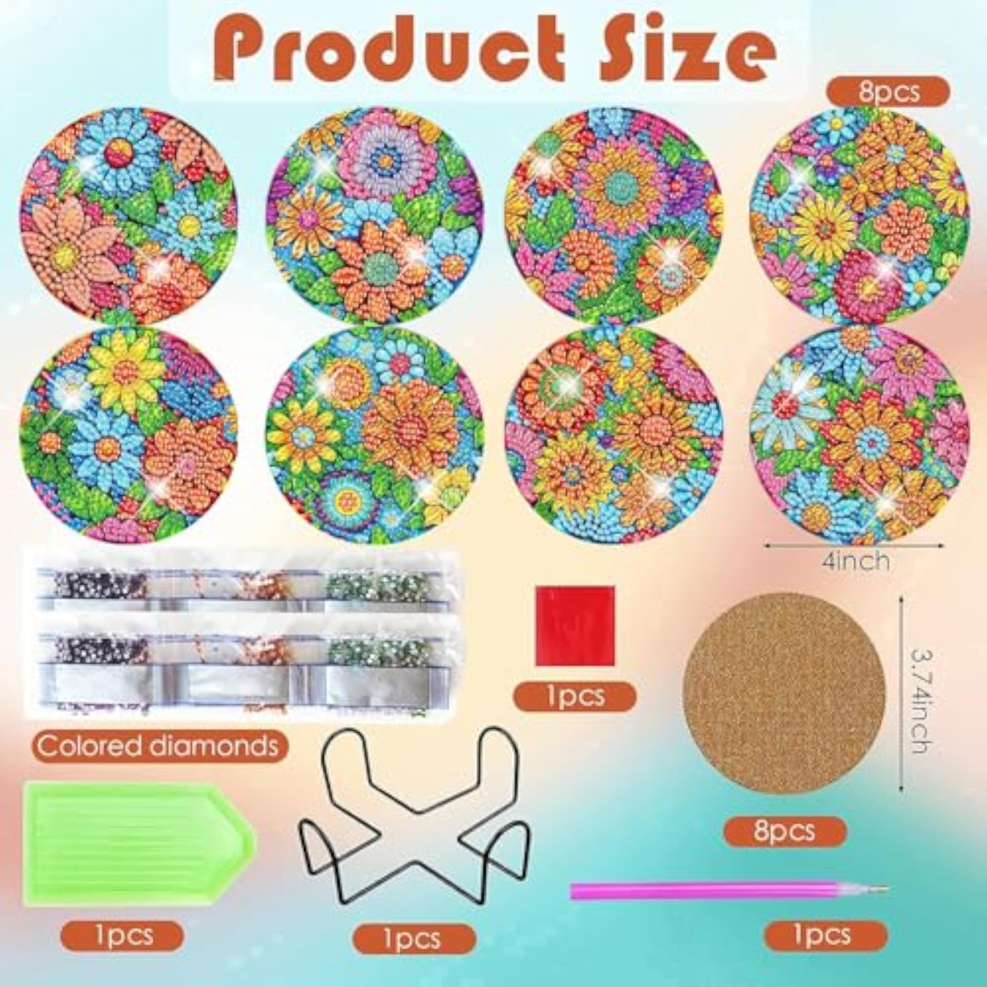 8 Pcs Flowers Diamond Art Coasters with Holder