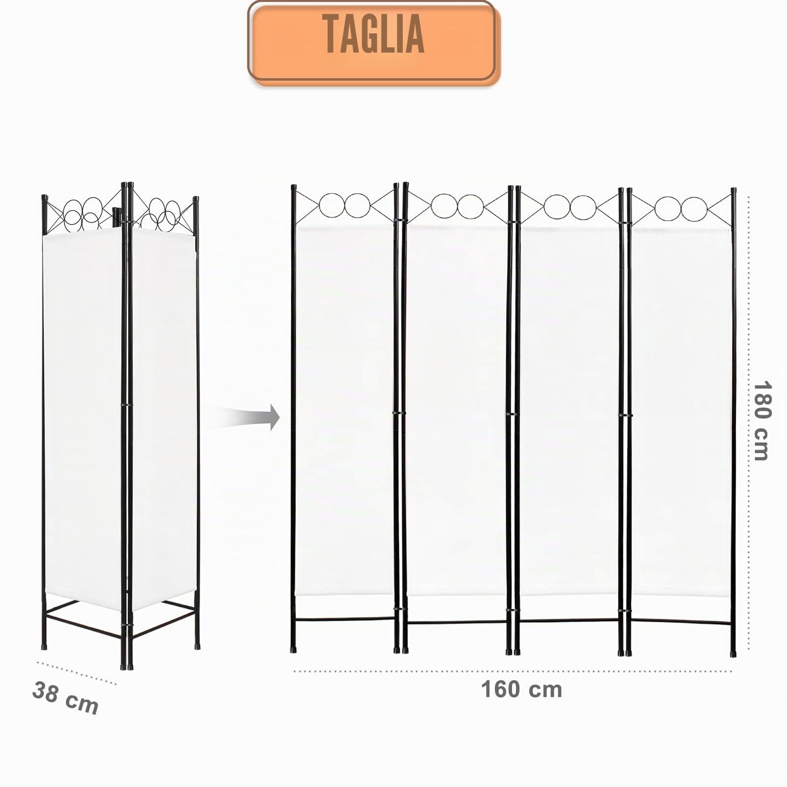 Todeco Paravento Separatore 4 Pannelli 180x160cm Bianco | Divisorio camera pleggevole, pannello 100% poliestere, per soggiorno balcone privacy, struttura leggera decorativa