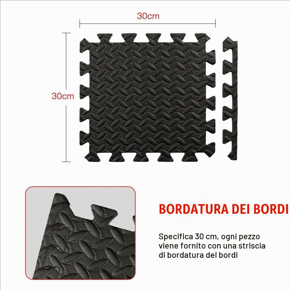 Pavimento Gommato Palestra, Tappeto Puzzle 48 Pezzi 30x30x1cm, Antiscivolo e Resistente, Per Sport, Yoga, Fitness, Protezione Anticaduta, Outdoor, Nero