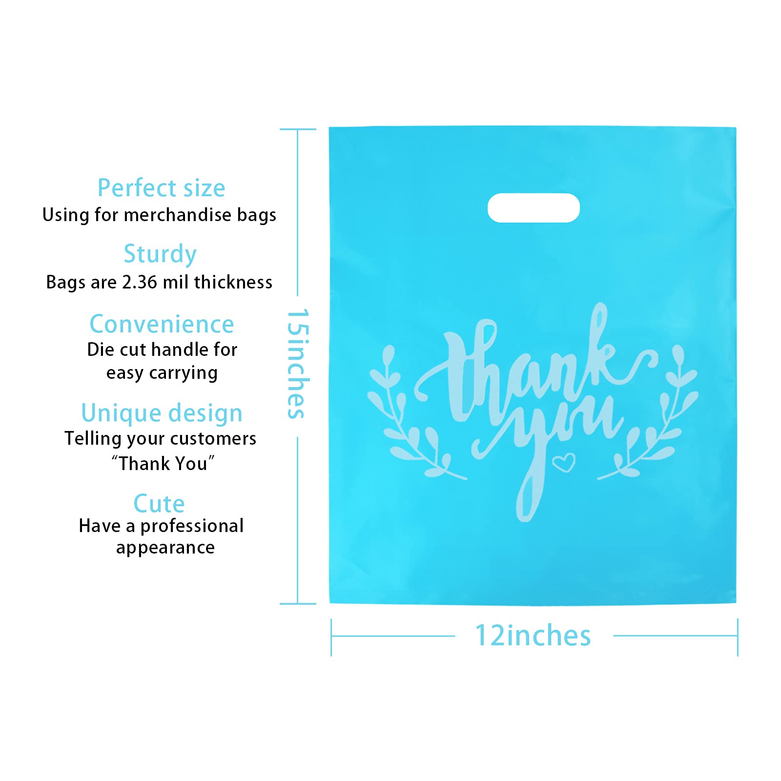 Thank You Merchandise Bags, Retail Shopping Bags for Boutique,Goodie Bags Gift Bags Bulk Die Cut Handle Plastic Bags, 2.36Mil 12x15 Inches (Light Blue with White Printing,100pcs)