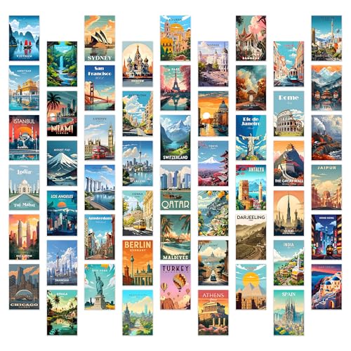 Image of ZENDEN STORE Pack of 54 Travel Wall Collage Kit Posters - 4x6 Inch, 300 GSM Matte Cardstock with 300+ Glue Dots - Adventure & Wanderlust Wall Decor for Bedroom, Dorm, Living Room
