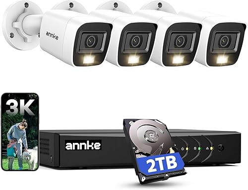 ANNKE Sistema de cámara de seguridad de 8 canales 3K con audio/micrófono, 8 canales de vigilancia AI DVR y 4 cámaras CCTV de 5 MP 2960 x 1665 con