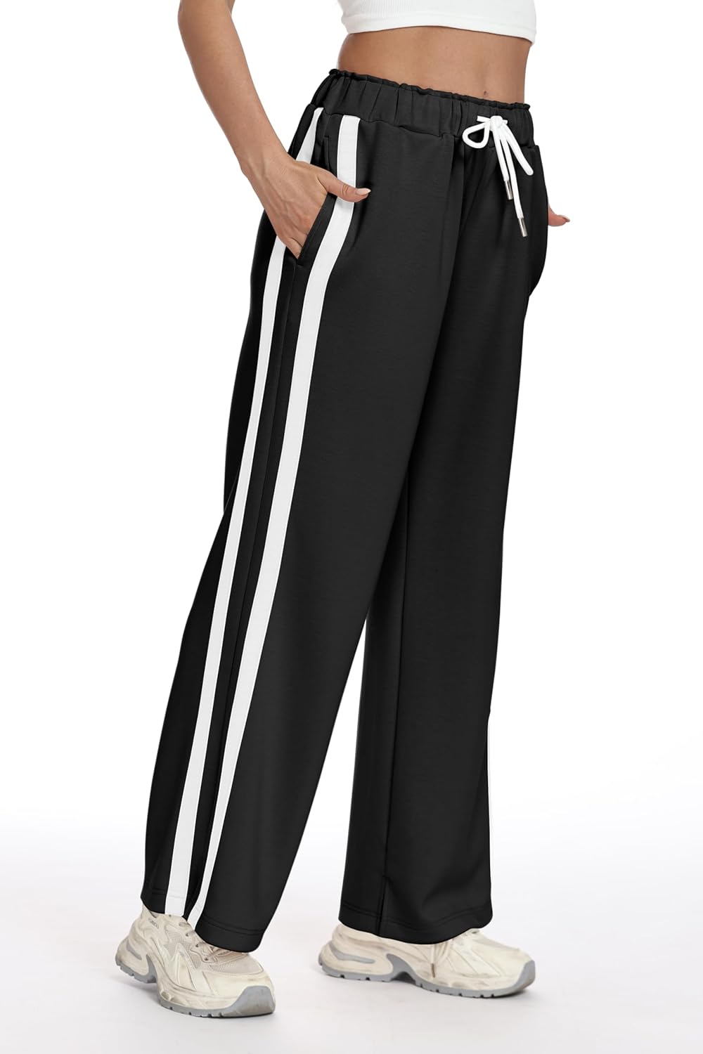 KevaMolly Womens Wide Leg Sweatpants Side Striped High Waisted Baggy Pants Drawstring Lounge Track Pants Athletic Joggers - Image 4