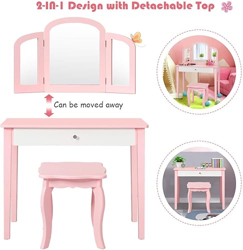 Miniatura 11 de INFANS Mesa de tocador 2 en 1 para niños pequeños con taburete y espejo de tres pliegues, tocador de maquillaje de princesa con cajón grande, juego