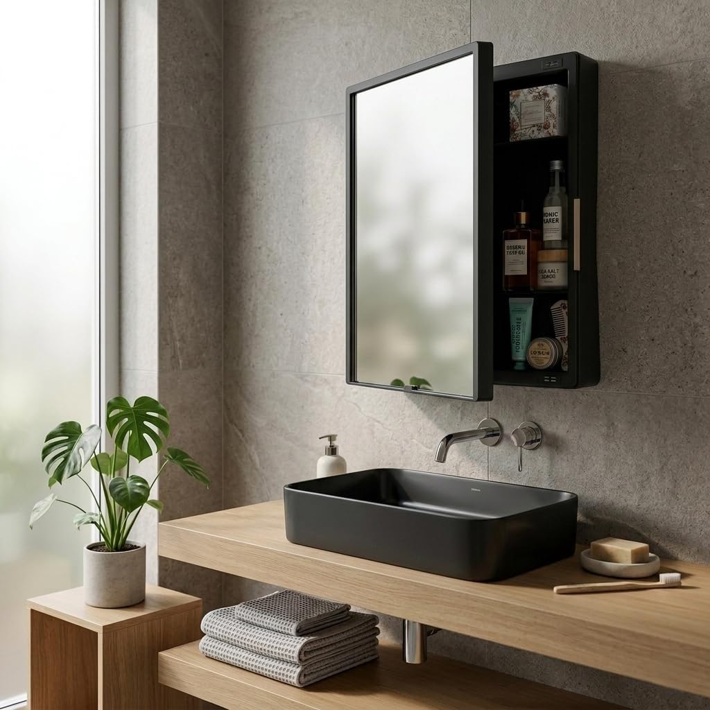 CIPLA PLAST Plastic New Rich Look Bathroom Organizer Cabinet | Mirror with Shelf | 4 Shelves Storage Organizer | Wall Mounted Cabinet | for Home/Kitchen/Toilet (Brc-931) (Black)-image-27