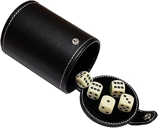 Set of 16mm Poker Dice and Black PU Leather Black Velvet Lined Dice Cup with Storage Compartment (Gift Boxed) (Pip/Dot Dice (Rounded Corners) - Ivory)
