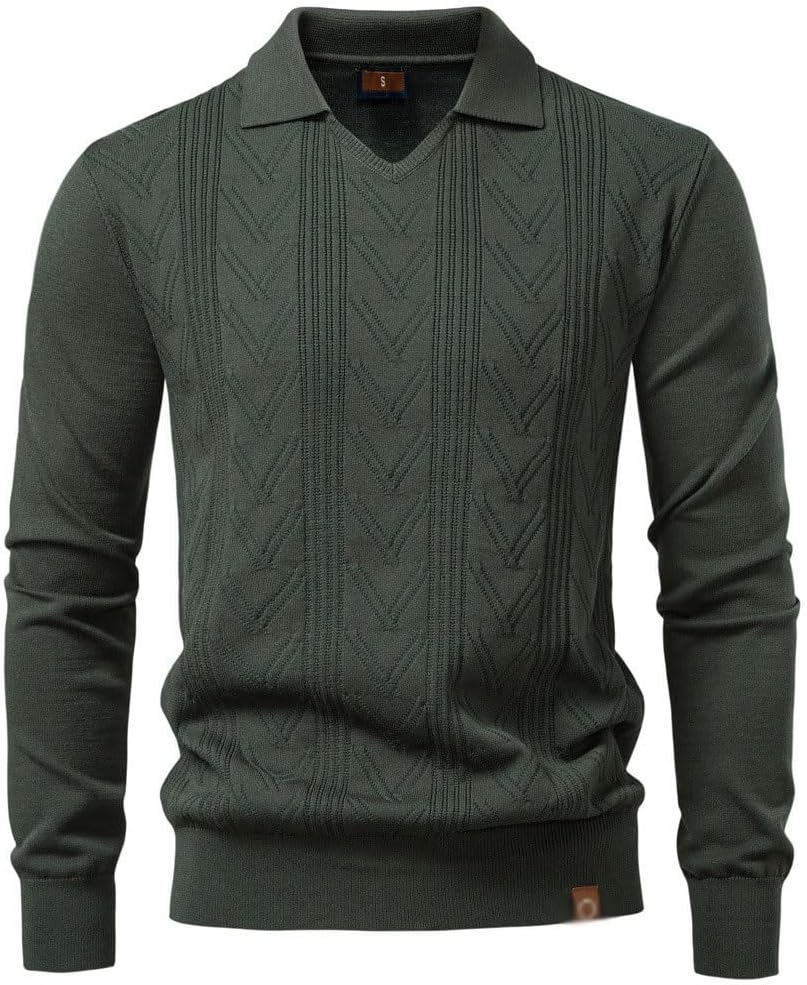 Men's Jacquard Lapel Sweater Men Pullover Solid Color V-Neck Knitted Sweaters
