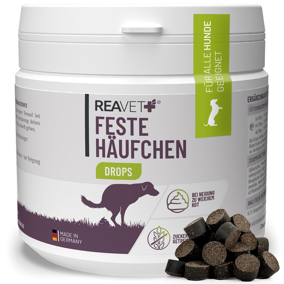 ReaVET Feste Häufchen Drops – Ergänzungsfuttermittel für Hunde bei Neigung zu Durchfall & weichem Kot – Hundesnack mit Aktivkohle zur Unterstützung der Verdauung & normalen Kotkonsistenz 350g (180Stk)