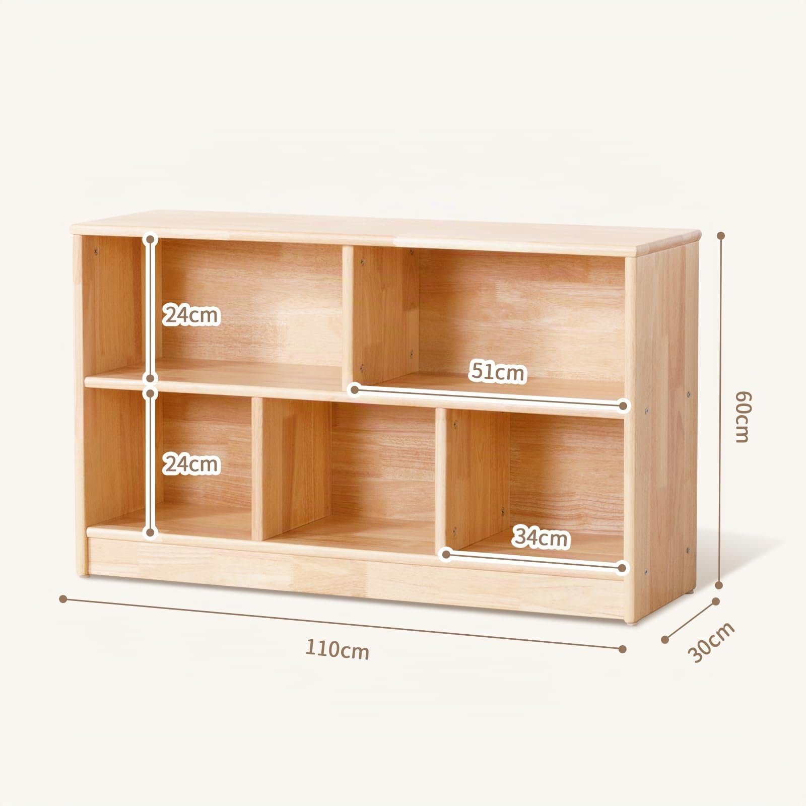 OOOK Étagère-Montessori 5 Cases Bois d'hévéa 110cm (43,3'') - 2 systèmes Rangement & Stockage - Armoire en Bois pour Chambre d'enfant, Salle de Jeux, garderie, Classe & Maternelle
