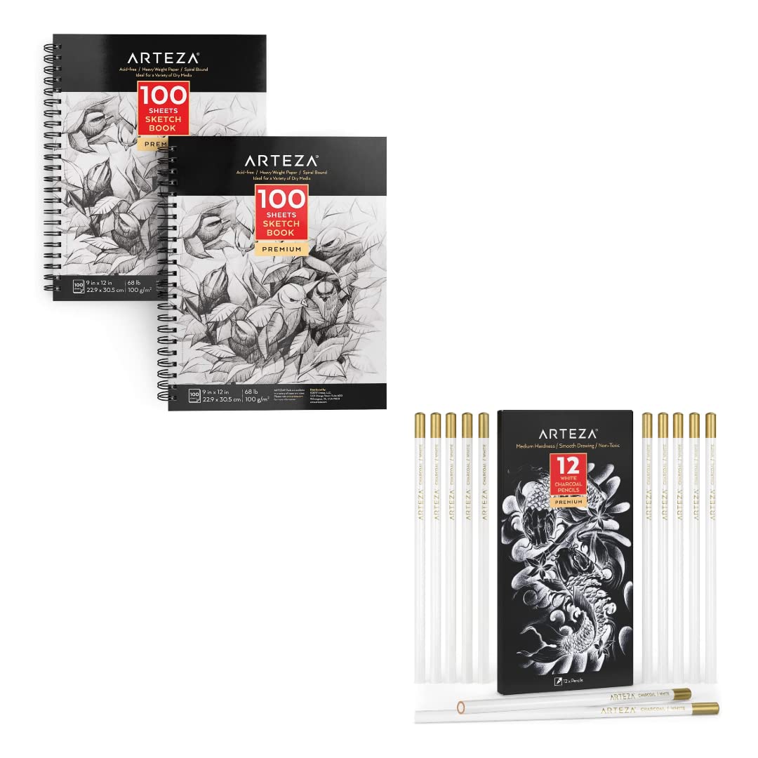 ARTEZA 9X12 Sketch Book, Pack of 2, 200 Sheets (68 lb/100gsm) and Arteza White Charcoal Pencils, Pack of 12, Smooth Medium-Hard Sketching Crayons, Art Supplies for Drawing and Highlighting - 