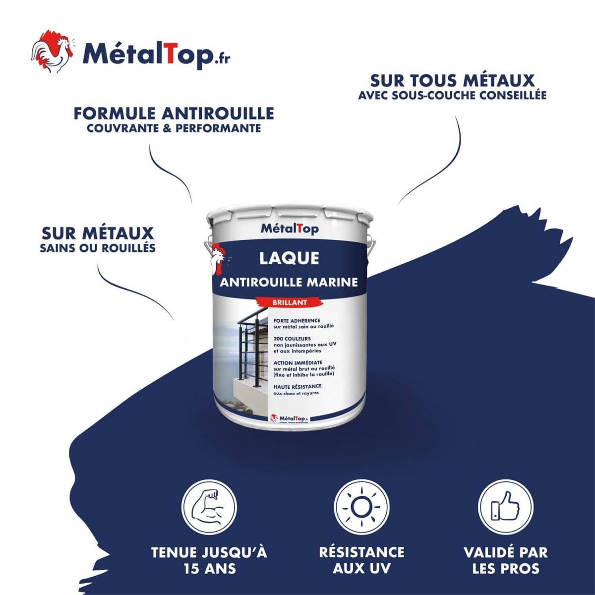 Metaltop - Laque Antirouille Marine - Blanc pur - RAL 9010 - Bombe 400 ml - Peinture résistante pour métal exposé aux conditions difficiles