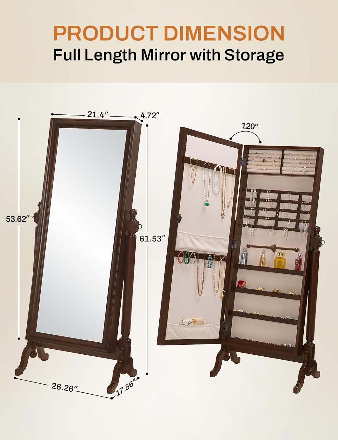 Jewelry Armoire Cabinet Standing Full Length Mirror with Storage, Lockable 5 Adjustable Angles, Jewelry Mirror Cabinet Standing Women (Walnut, 17.56 "D x 26.26" W x 61.53 "H)
