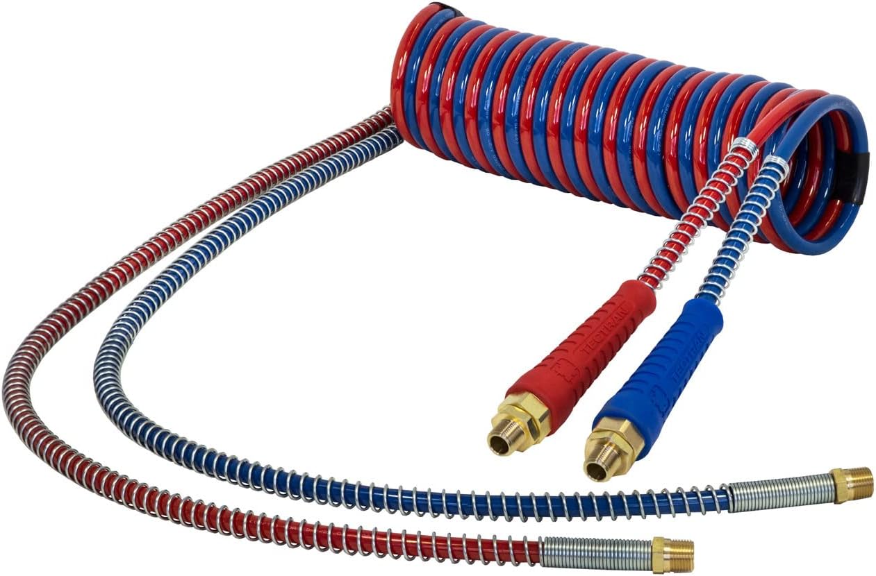 Tectran 20 Ft. MAGNUMFLEX-HD™ Dual-Line Air Brake Hose Coil Set | 48" Pigtail Tractor Lead | 14” Trailer Lead | Flexible Grips | Armor Jacketed | Bonded Magnum | Red & Blue