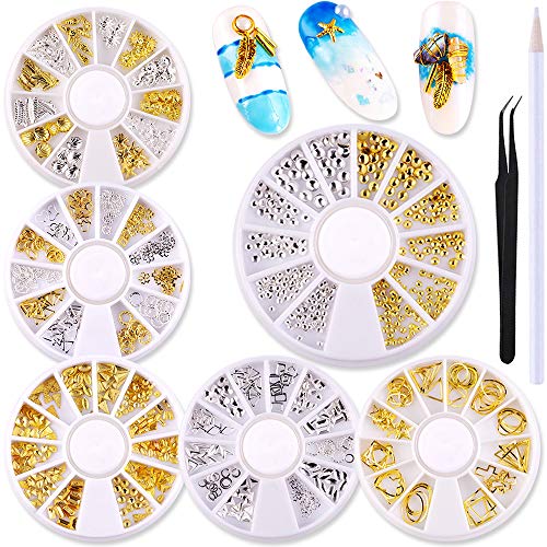 WOKOTO 6 Pack Hollow Metal Nail Art Studs Kit 3d Nail Charm Gold Silver Flower Feather Nail Rivets Set Manicure Jewelry Decoration With 1Pc Tweezers
