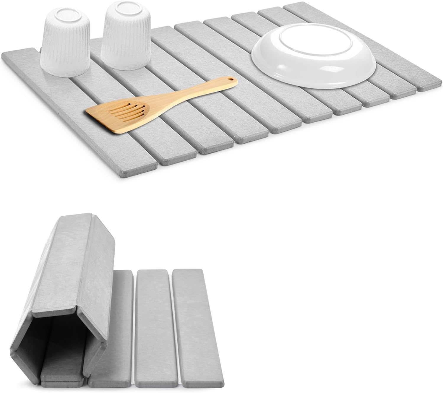 Large Stone Dish Drying Mats for Kitchen Counter, 24″(L)×16″(W), Quick Dry Collapsible Dish Mat, Eco-Friendly Absorbent Foldable Diatomaceous Earth Mats for Dishes Bottles, Match Any Countertop