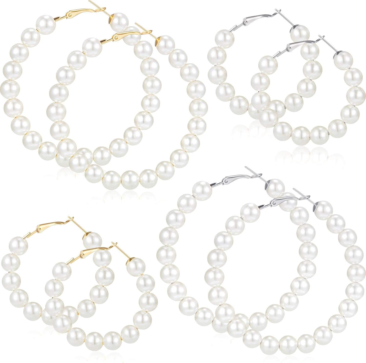 4 Pairs Faux Pearl Hoop Earrings for women Large Circle
