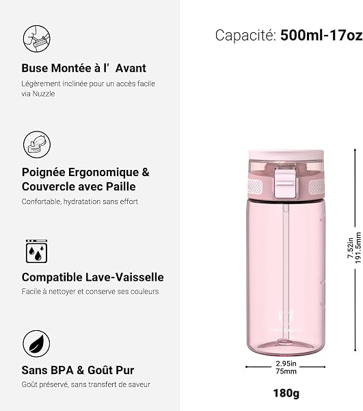 Super Sparrow Gourde avec Paille - TouchSip Bouteille d'eau - 500ml/750ml/1L - Tritan Sans BPA - Idéale pour le Sport, l’École et les Activités en Plein Air - 3