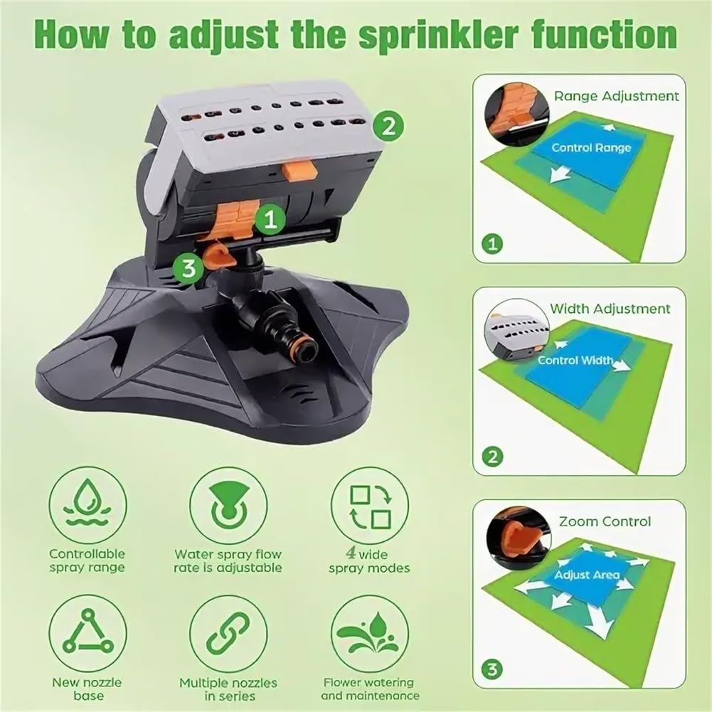 Arroseur Oscillant 16 Buses,Arroseur de Jardin Automatique à Gazon à Grande Base avec Raccord Rapide,Largeur,Portée et Débit Réglables,Arroseur carré pour l'irrigation,Système d'irrigation