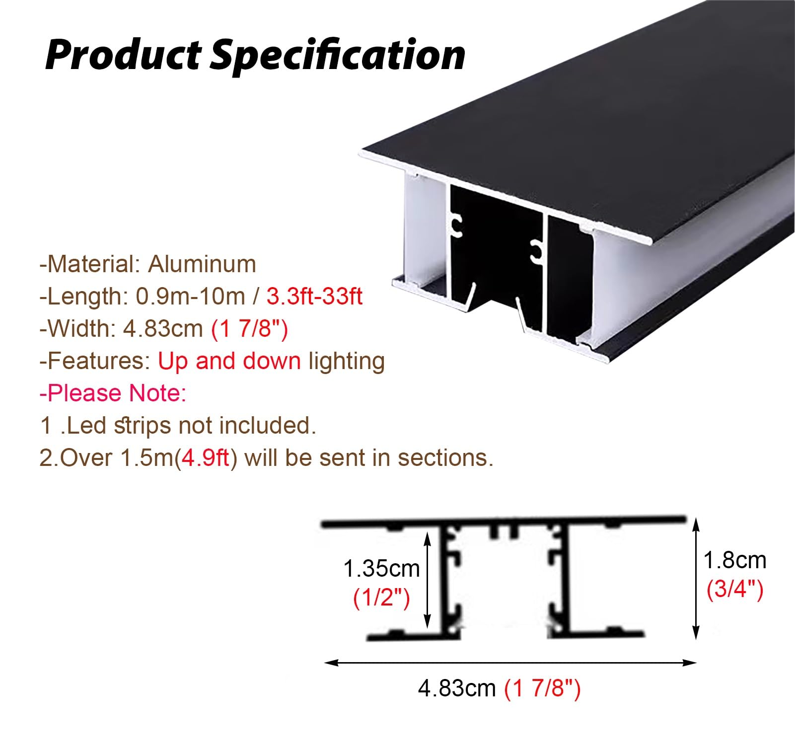 Profili per Strisce LED Profilo in Alluminio per LED da Parete/soffitto, diffusore per Strisce LED per Illuminazione di battiscopa, Profilo lineare per LED da 2 3 4 5 6 7 8 10 Metri(20ft/6m)