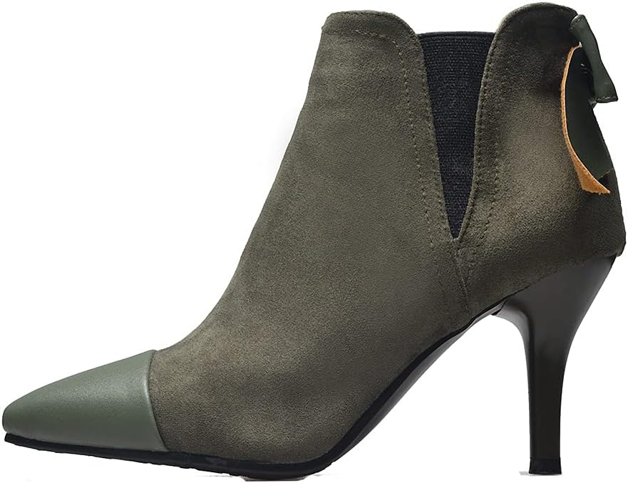 VOKLIN Women's Pointed Toe Dress Ankle Booties Fashion Bowtie Elastic Stiletto High Heel Elegant Short Boots