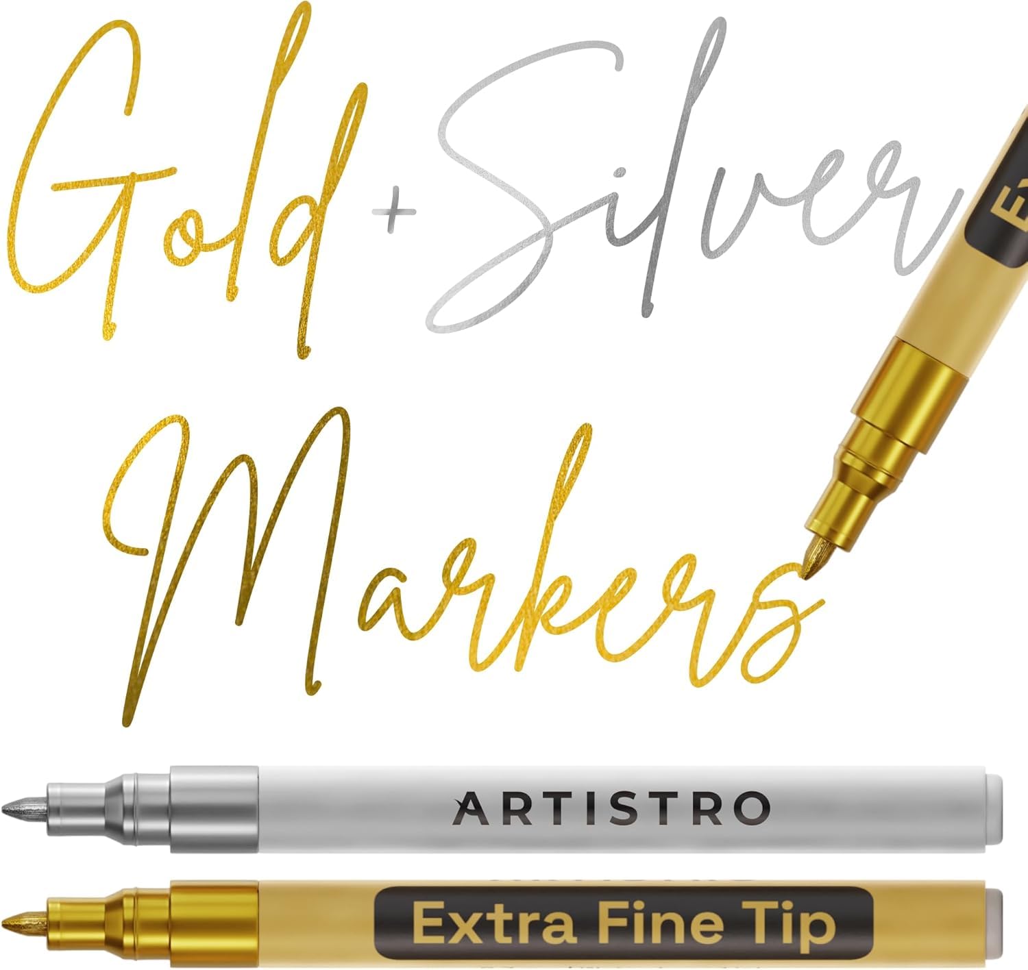 Artistro 2 Gold & Silber Metallic Acrylstifte für Stein, Keramik, Holz, Glas, Metall, Stoff, Kunststoff – 0,7 mm Extra-Feine Spitze Acrylmarker – Ideal für Scrapbooking, DIY Basteln & Kunstprojekte