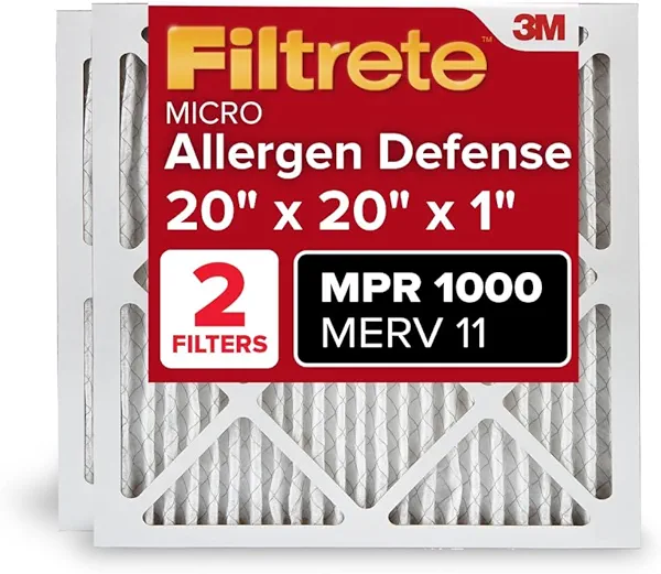 Filtrete 20x20x1 AC Furnace Air Filter, MERV 11, MPR 1000, Micro Allergen Defense, 3-Month Pleated 1-Inch Electrostatic Air Cleaning Filter, 2 Pack (Actual Size 19.719 x 19.719 x 0.84 in)