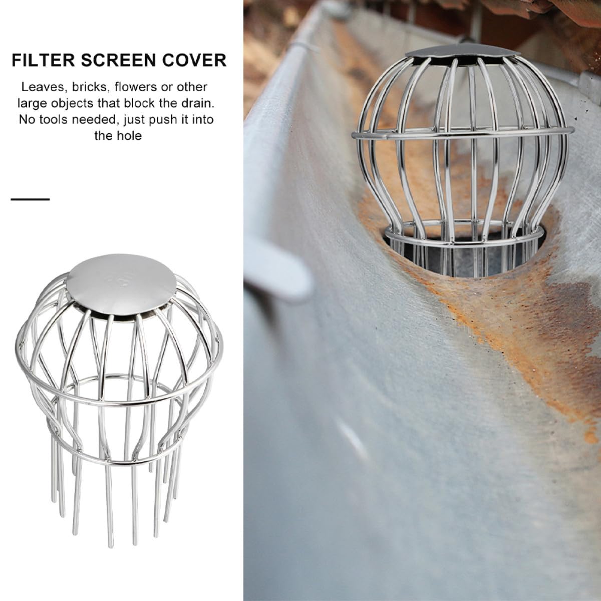 WOONEKY Cubierta de Desagüe de Tejado de Acero Inoxidable, Filtro de Bajante de Canalón Alta Dureza y Resistencia, 2 Piezas para Jardines y Techos