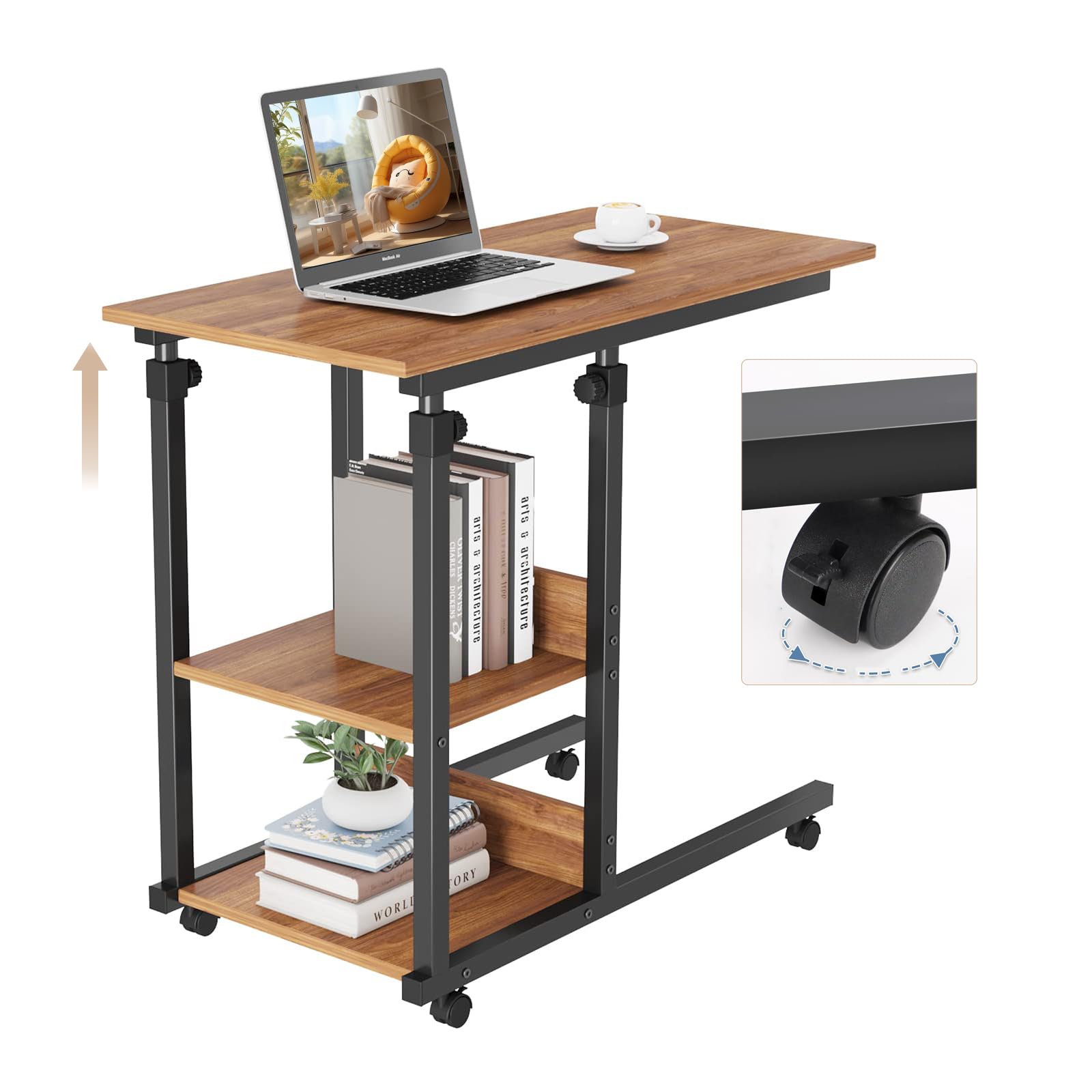 Dripex Mesa Escritorio Pequeña, 80 x 40 cm, Altura Ajustable En 68-89 cm, con Ruedas, Mesa Auxiliar para Salón Dormitorio Balcón y Oficina en Casa, Nogal