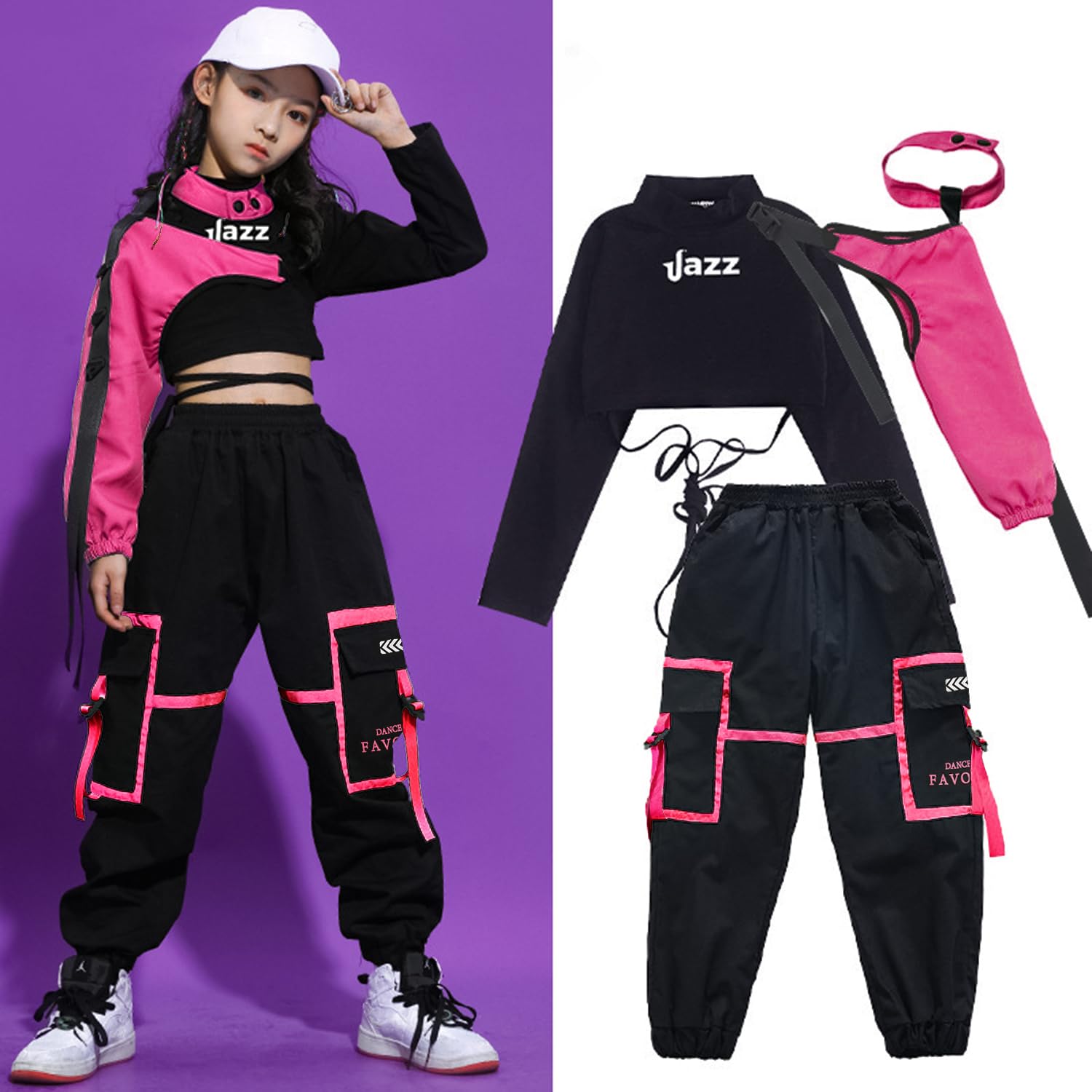 LOLANTA 3 Piezas Ropa Hip Hop Niña, Conjunto Top Corto y Pantalones Cargo