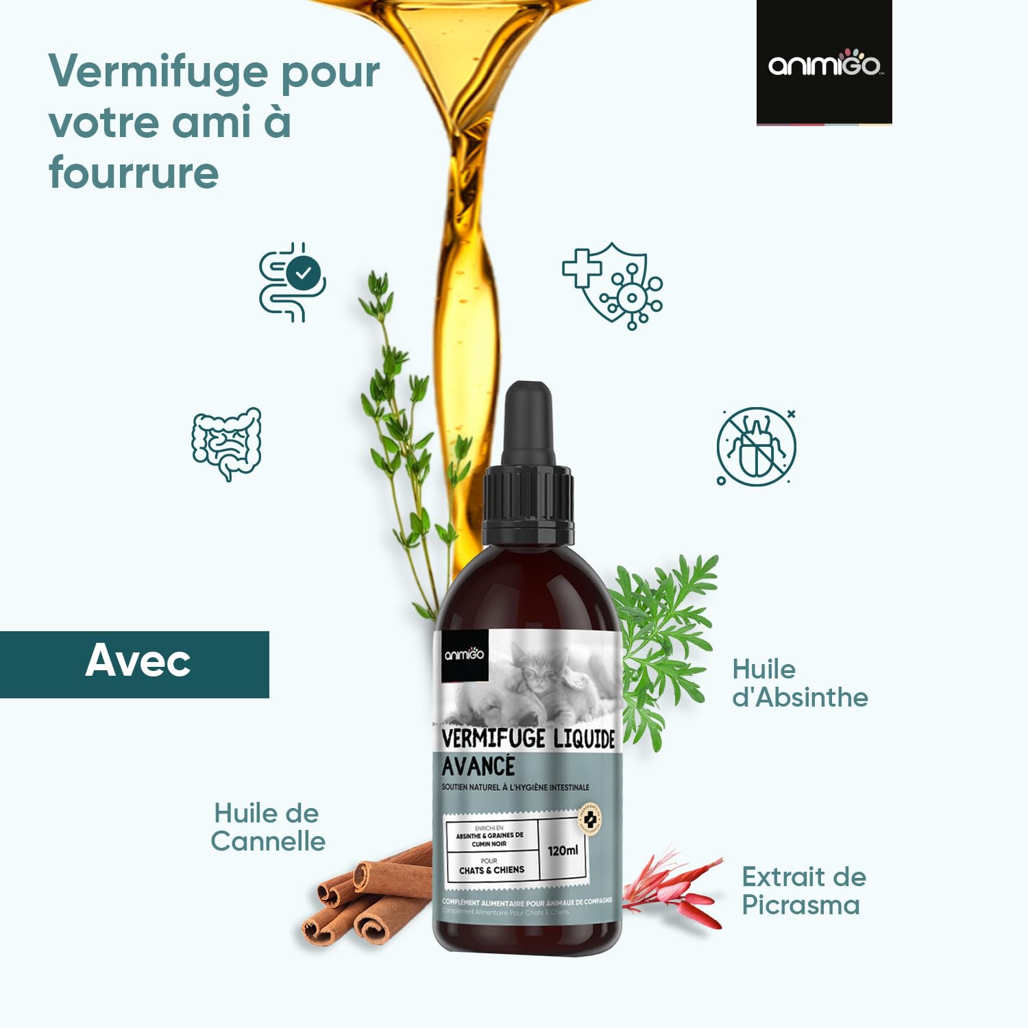 Vermifuge Chat Chien, Vermifuge Liquide en Pipette 120 ML, Origine Naturelle, 2-4 Ans d'Approvisionnement, Anti-vers, Anti-Parasite, Toutes Les Races et Tailles, Chaton et Chiot