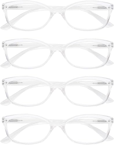 HAPJOYS Gafas de lectura transparentes para mujeres y hombres, lectores, elegantes gafas tramposas + 4.00 marco ligero, ajuste cĂłmodo, paquete de 4 HAPJOYS Gafas de lectura transparentes para mujeres y hombres, lectores, elegantes gafas tramposas + 4.00 marco ligero, ajuste cĂłmodo, paquete de 4