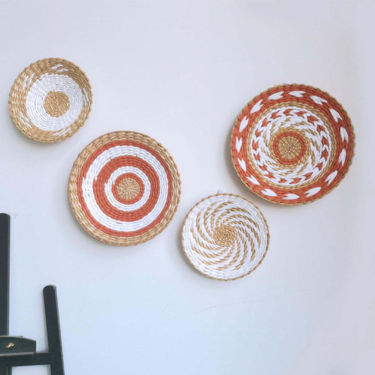 Juego de 4 Placas Redondas Tejidas a Mano Estilo Bohemio Trenza de Paja para Decoración de Pared en Dormitorios y Oficinas, Resistente Desvanecerse