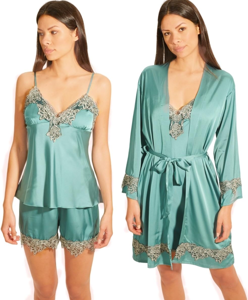 Laura Lily Conjunto de Pijamas para Mujer de Seda satén con Encaje 5 Piezas Bata camisón Top Pantalones Largos y Cortos Suave fluida Elegante y Sedosa