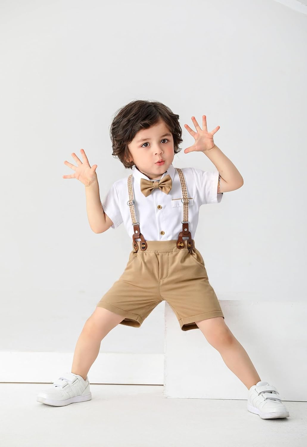 Boarnseorl Baby Boys Gentleman Outfits Shorts Sets,Infant Shirt + Shorts + Bow Tie + Suspenders - Image 8