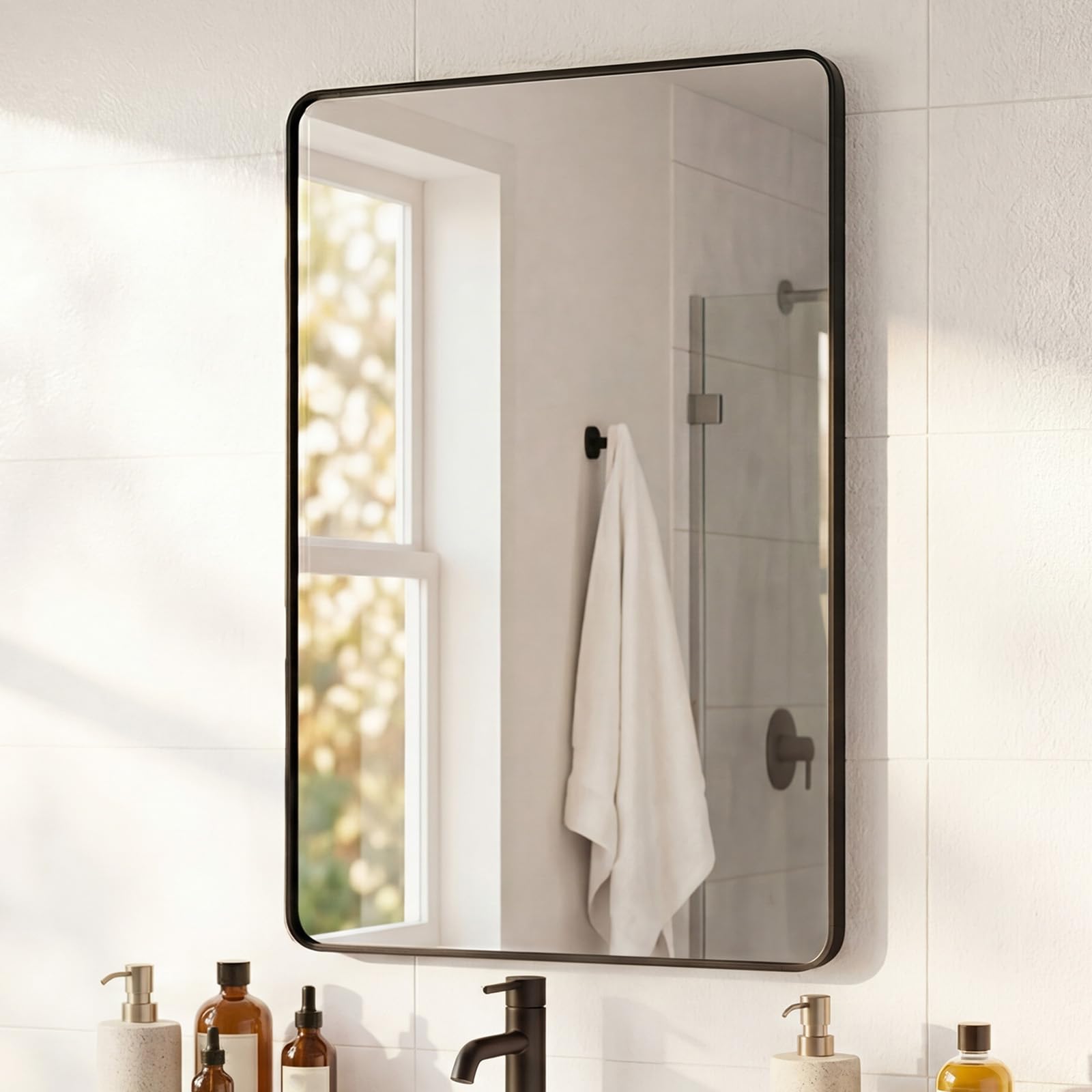 Yezi Bathroom Mirror Wall Mounted, 75 x 50 cm Rectangular Bathroom Wall Mirror with Tempered Glass & Black Aluminium Frame, HD Wall Mirror for Bathroom, Bedroom, Hallway & Living Room