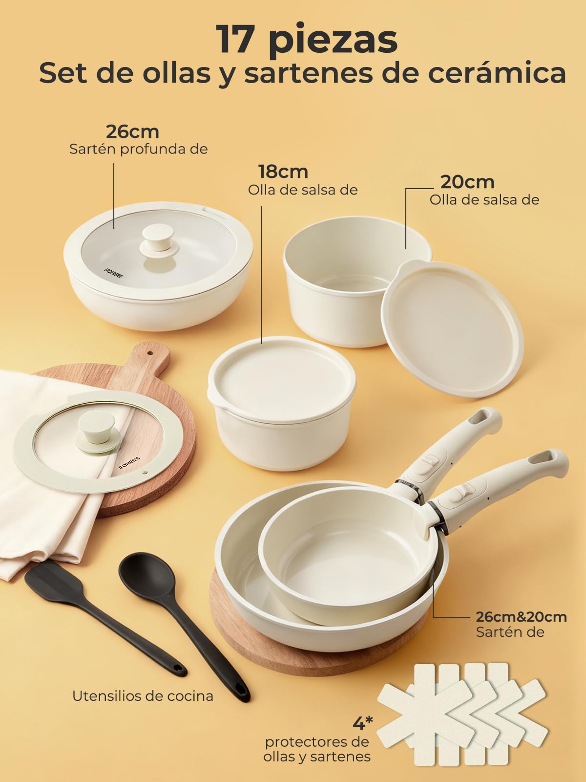 Poele Ceramique, 17 Pièces Batterie de Cuisine avec Fond Céramique et Poignée Amovible – Pour Cuisine Familiale & Camping – Sans PFAS, PFOA, PTFE – Compatible Induction, Four et Lave-Vaisselle