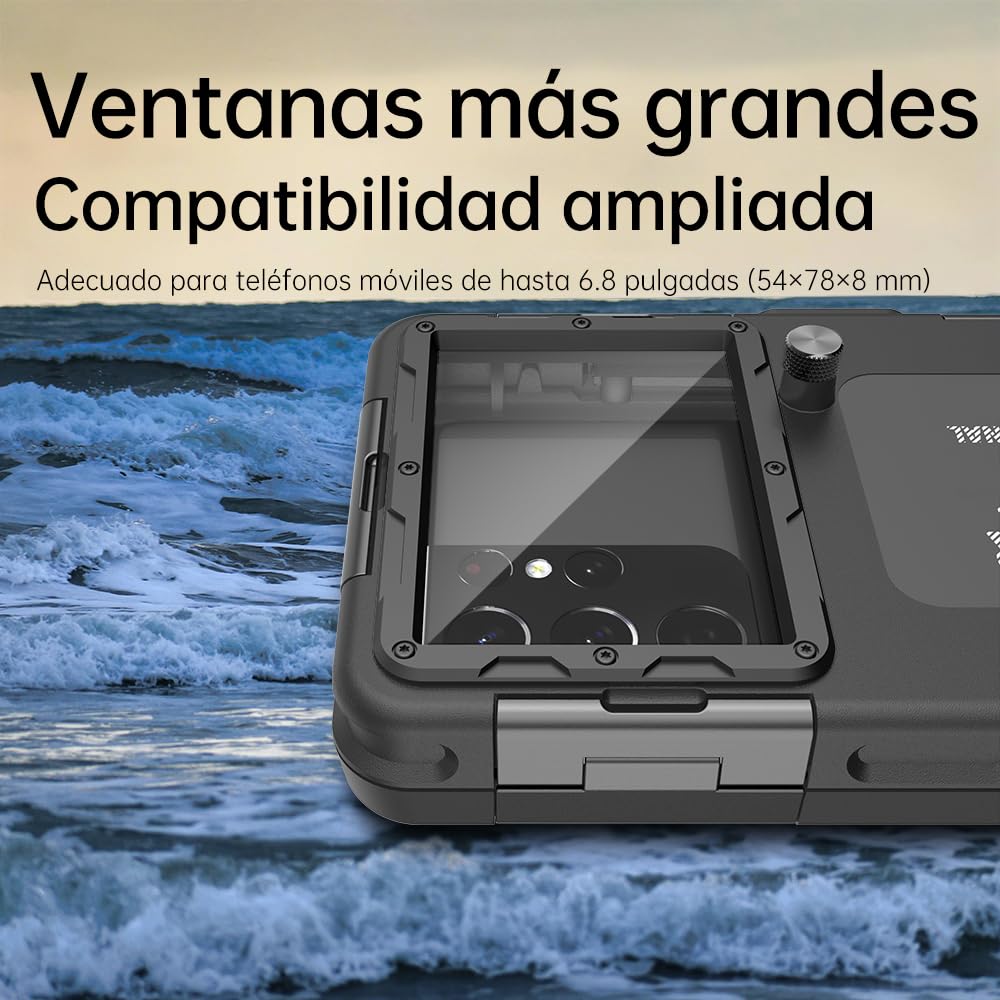 Funda Impermeable Universal IPX8 para Buceo Profesional 15M - Compatible con iPhone, Samsung, Xiaomi - Carcasa Estanca para Snorkel, Surf y Fotografía Subacuática (Negro)