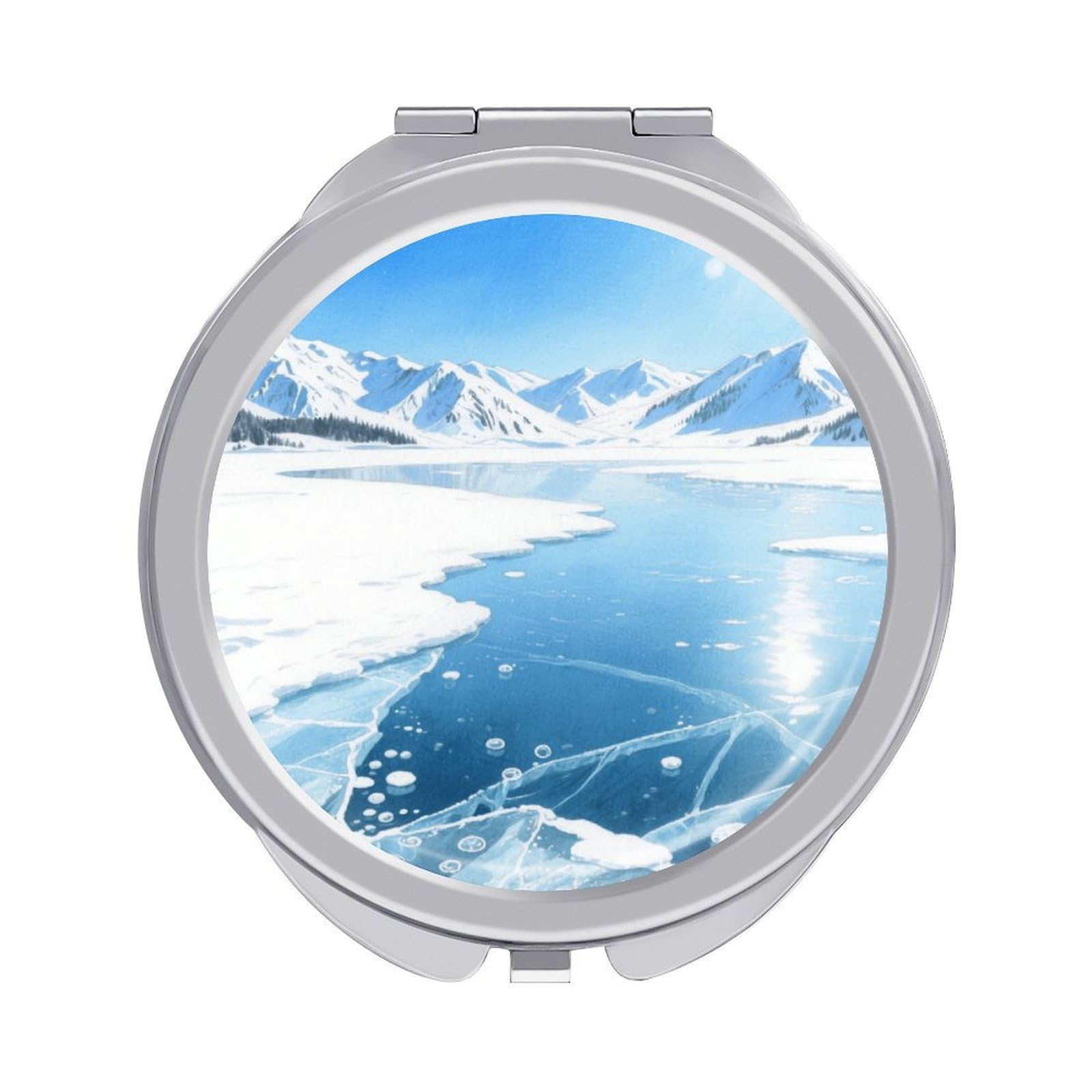 Fekiloot Style Ice Lake And Snow Mountain Travel Makeup Mirror Handheld Compact Mirror Portable Pocket Mirror Double-Sided 1X/2X Magnifying For Handbag And Purses
