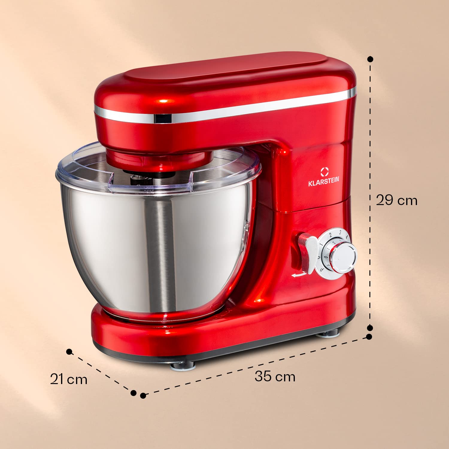 Klarstein Bella Batidora Amasadora – Robot de Cocina con 6 Velocidades, 1200 W de Potencia, Bol de Acero Inoxidable, Función Pulso, Sistema Planetario, 3 Accesorios, Rojo