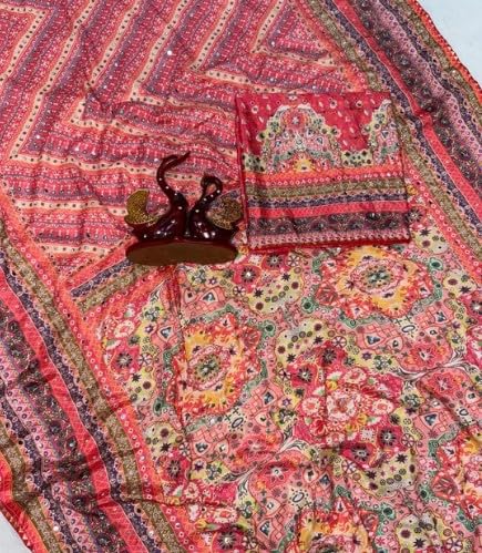 Image of Women's Chinon Silk Saree with Printed Design, Mirror Work & Zari Woven Detailing | Ethnic Wear Saree with Unstitched Blouse Piece | Traditional Festive & WeddingWear