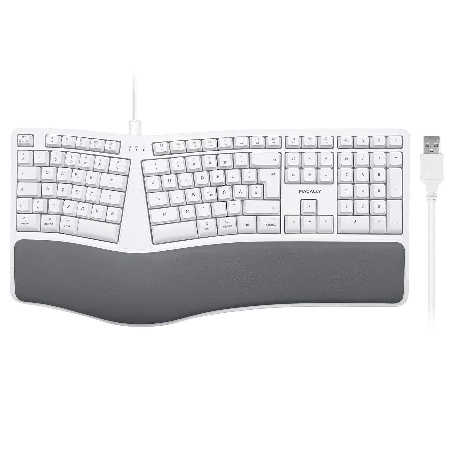 Macally MERGOKEY-DE, Tastiera ergonomica USB-A cablata con poggiapolsi, Layout QWERTZ Tedesco