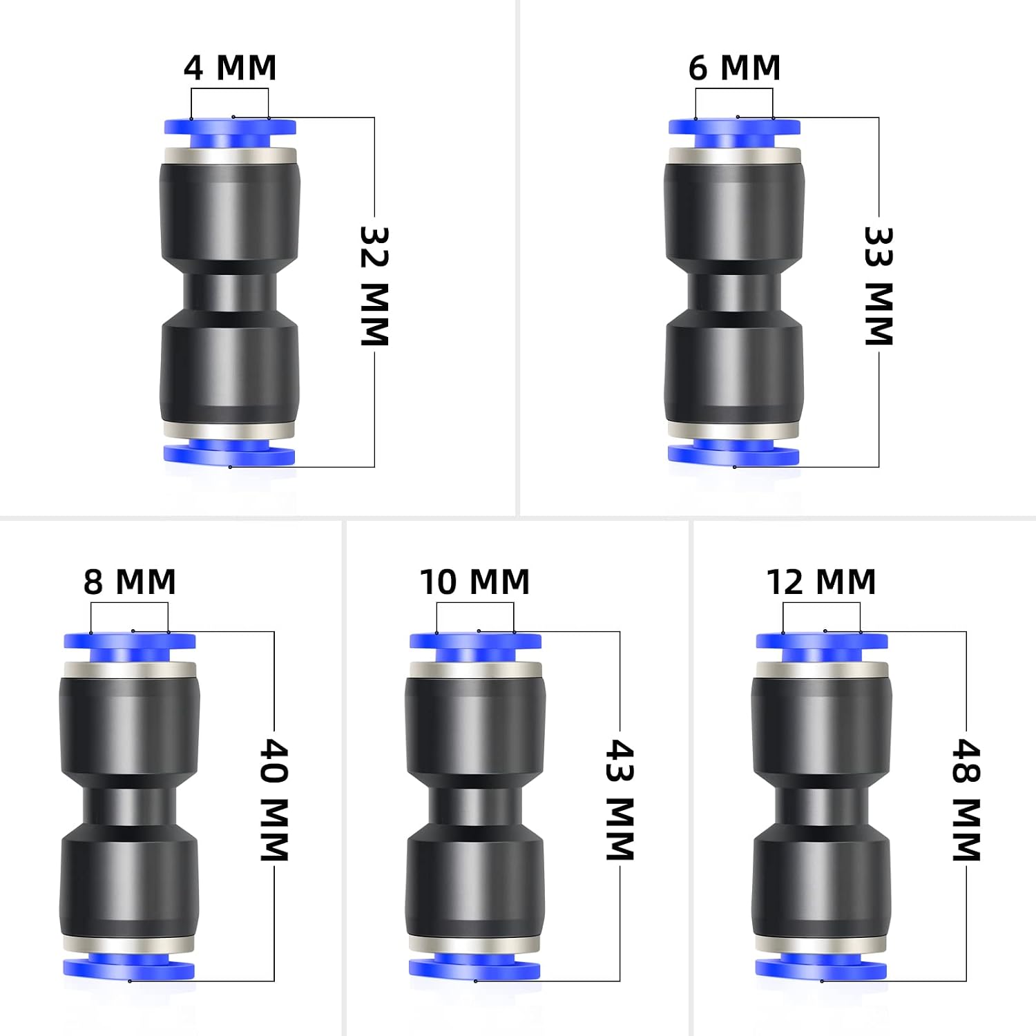 ERGAOBOY 60 Pcs 4MM 6MM 8MM 10MM 12MM Tube OD Straight Push to Connect Fittings, Blue Pneumatic Push Lock (PU4,PU6,PU8,PU10,PU12) - Image 3