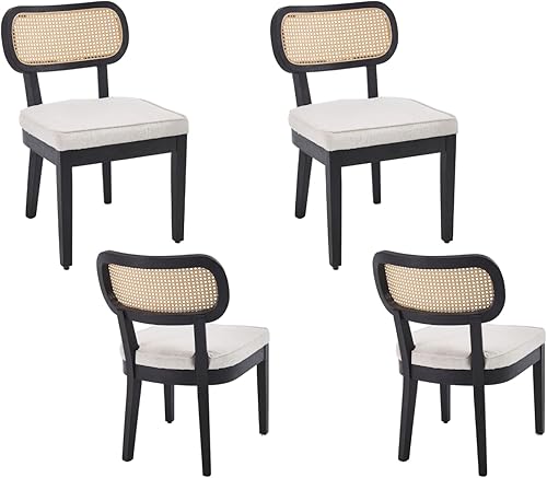 Miniatura 7 de Juego de 2 sillas de comedor de ratán de granja, sillas modernas de cocina y comedor de madera con respaldo de caña, cómodo asiento tapizado de