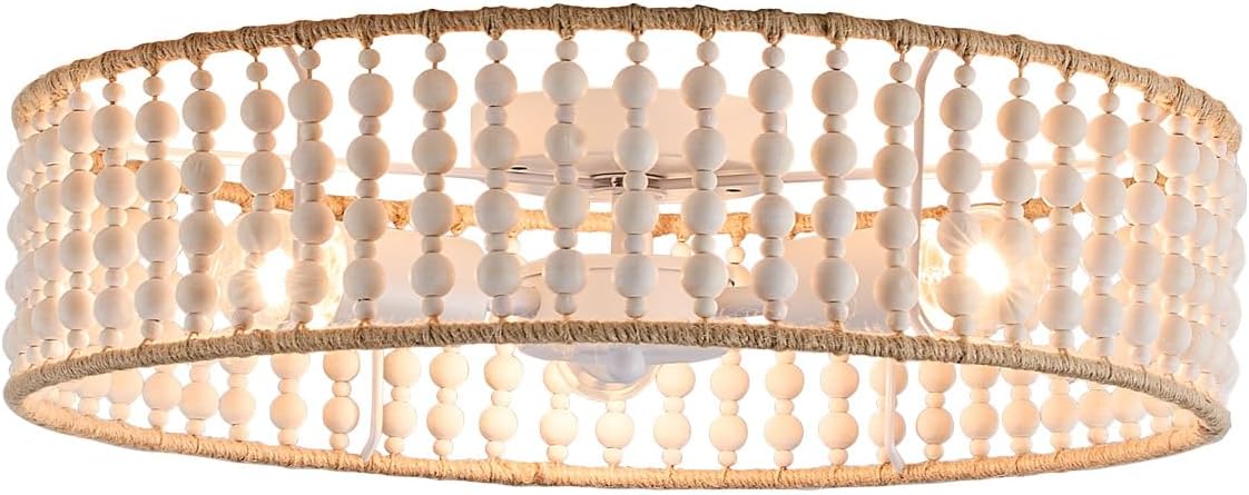 18" Boho Drum Chandelier,3 Lights Semi Flush Mount Ceiling Light Farmhouse Rattan Wood Beaded Hanging Pendant Lighting Fixture for Dining Room Living Room Kitchen Bedroom Entryway
