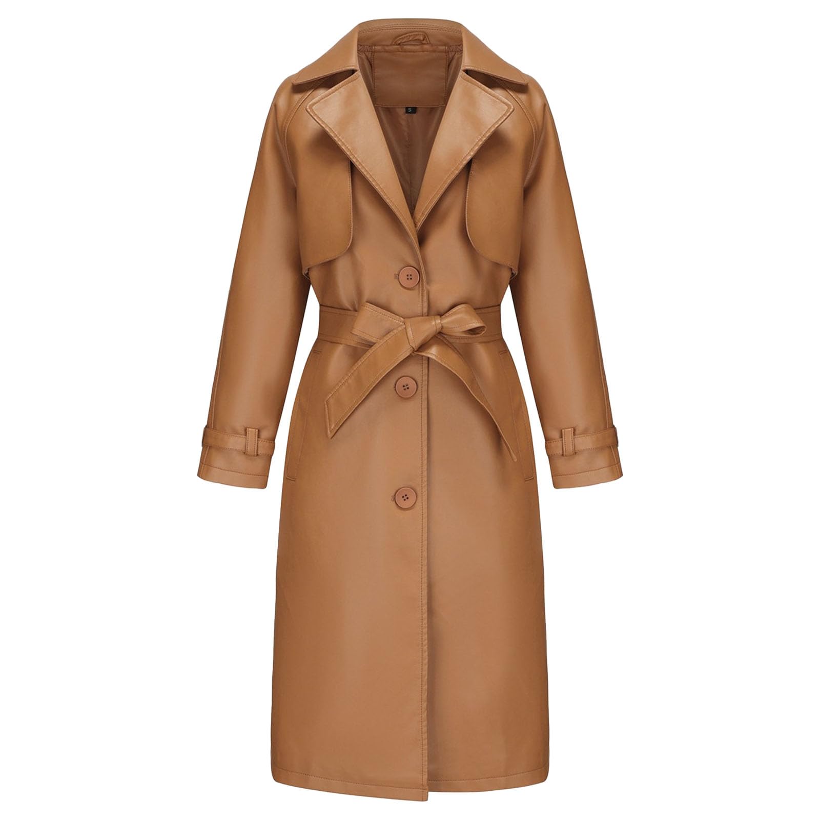 Trench da donna in ecopelle PU giacca lunga con cintura con risvolto dentellato monopetto moda autunno