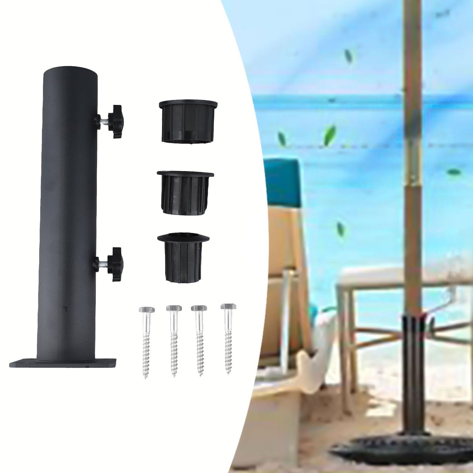 Rurka podtrzymująca parasol z rękawami redukującymi, podstawa w wielu rozmiarach do drążków parasolowych 48-83 mm, bezpieczna instalacja do parasoli tarasowych na zewnątrz