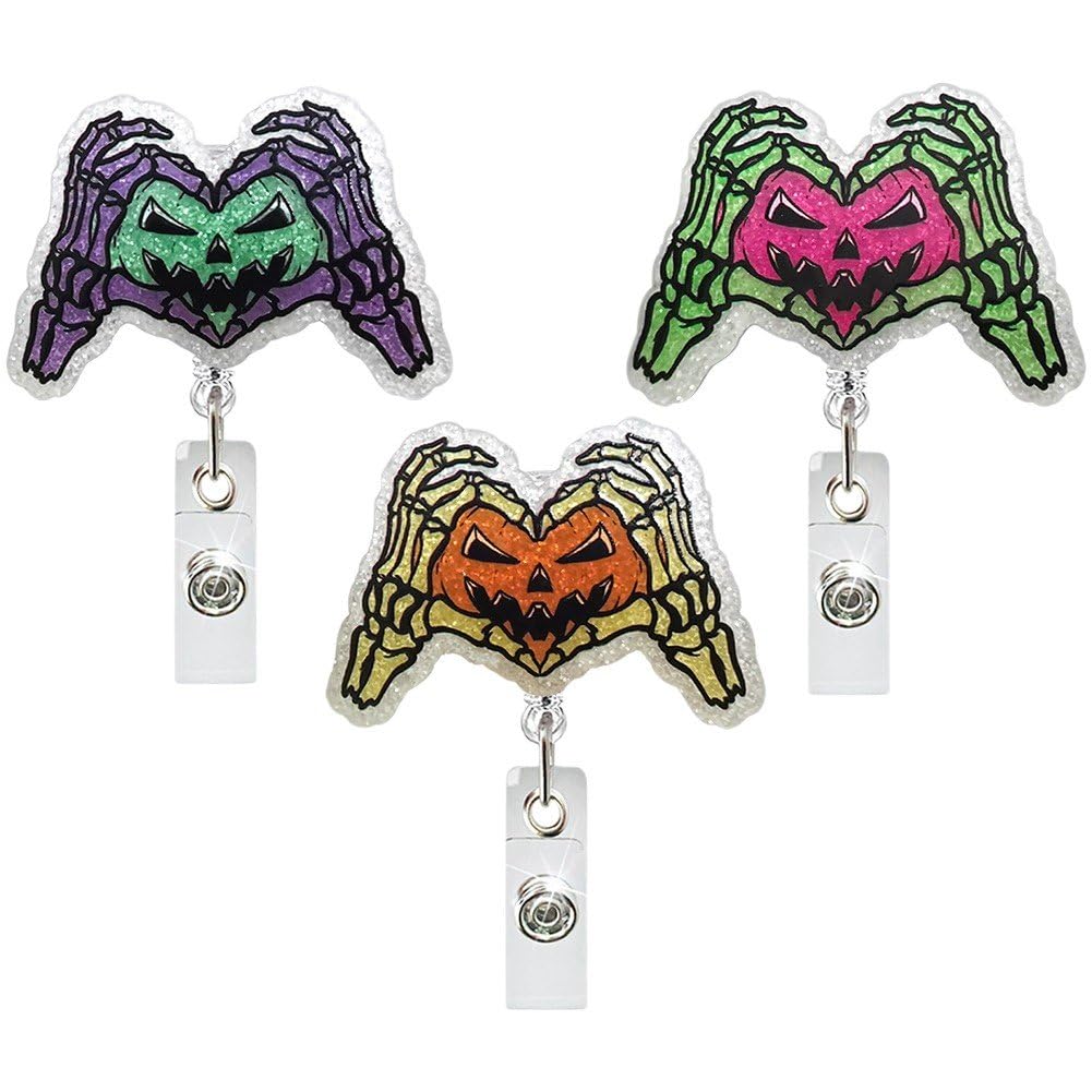Fituenly Halloween Badge Reels, 3pcs Noctilucent Pumpkin Skeleton Hand Badge Holder, Retractable Nurse Badge Holder, Name Holder for Students Nurses Teachers Office