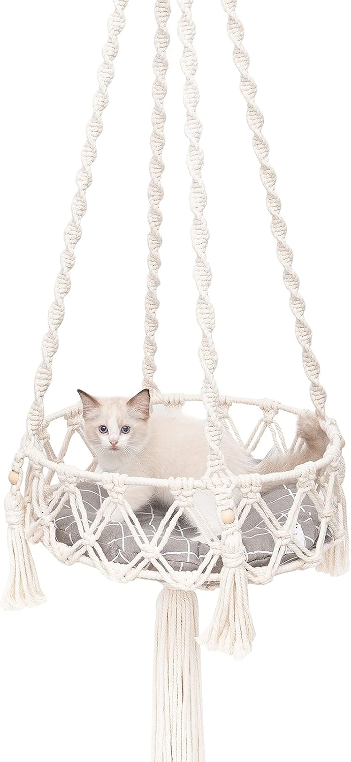 Hand Woven Macrame Cat Hammock Bed with Basket(Mat Included)- Macrame Hanging Cat Bed Boho Style Weaving Indoor Cat Swing Bed with Soft…
