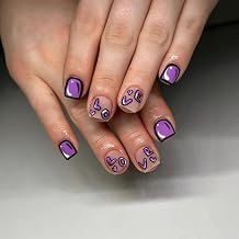 Valentines Day Press on Nails Short Square Fake Nails LOVE Design Purple Acrylic Nail Cute Heart Glue on Nail Full Cover Artificial Nails Short Length Valentine False Nail for Women Manicure Decor