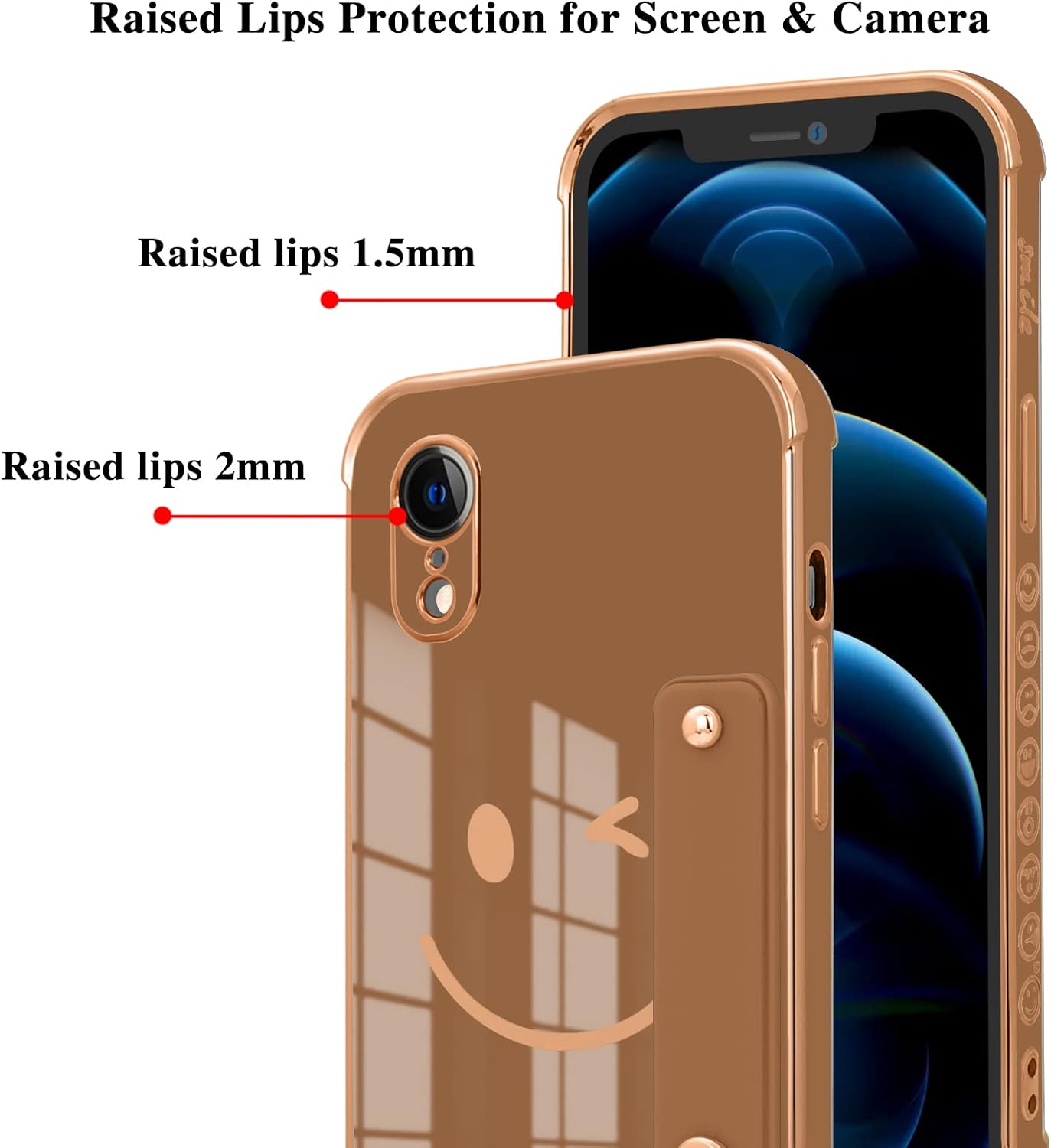 Uioeua Compatible with iPhone XR Case with Smiley Face Pattern,Soft TPU Cute Plating Wristband Holder Case Camera Lens Protection Side Small Pattern Shockproof Wrist Strap Case Women Girls-Brown